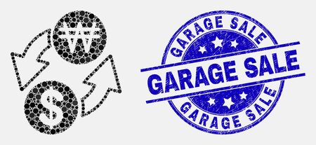 Dot dollar exchange korean won mosaic pictogram and Garage Sale seal stamp. Blue vector rounded scratched seal stamp with Garage Sale text. Vector combination in flat style.のイラスト素材