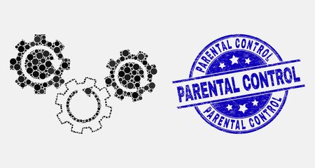 Dot gear mechanism mosaic pictogram and Parental Control seal stamp. Blue vector round distress watermark with Parental Control title. Vector combination in flat style.のイラスト素材