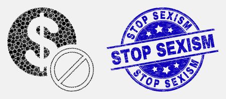 Pixelated forbidden dollar mosaic pictogram and Stop Sexism seal stamp. Blue vector round textured seal with Stop Sexism text. Vector combination in flat style.のイラスト素材