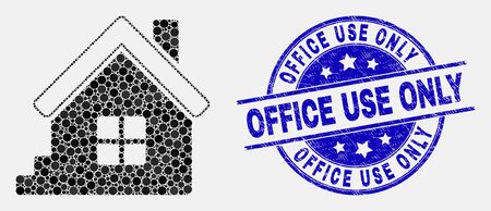 Pixel home mosaic pictogram and Office Use Only seal stamp. Blue vector round scratched seal stamp with Office Use Only title. Vector combination in flat style.のイラスト素材