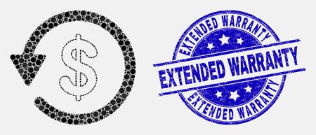 Pixelated dollar refund mosaic icon and Extended Warranty seal stamp. Blue vector rounded scratched seal with Extended Warranty phrase. Vector composition in flat style.のイラスト素材