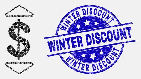 Pixelated dollar up down mosaic icon and Winter Discount seal stamp. Blue vector rounded grunge stamp with Winter Discount text. Vector collage in flat style.のイラスト素材