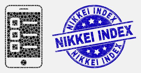 Dotted mobile test items mosaic pictogram and Nikkei Index seal stamp. Blue vector rounded distress seal stamp with Nikkei Index message. Vector collage in flat style.のイラスト素材