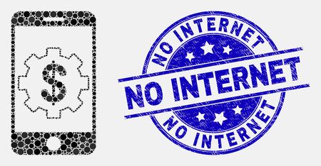 Dotted mobile bank settings mosaic icon and No Internet seal stamp. Blue vector rounded scratched seal stamp with No Internet title. Vector combination in flat style.のイラスト素材