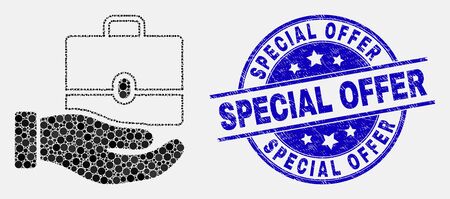 Dot hand offer case mosaic icon and Special Offer seal stamp. Blue vector rounded distress seal stamp with Special Offer message. Vector composition in flat style.のイラスト素材