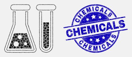 Dot chemical glassware mosaic pictogram and Chemicals seal stamp. Blue vector round scratched seal stamp with Chemicals message. Vector combination in flat style.のイラスト素材