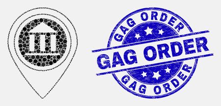 Pixel museum map marker mosaic icon and Gag Order seal stamp. Blue vector round scratched seal stamp with Gag Order message. Vector collage in flat style.のイラスト素材