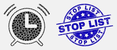 Dotted alarm clock mosaic icon and Stop List stamp. Blue vector round scratched seal stamp with Stop List caption. Vector composition in flat style.のイラスト素材