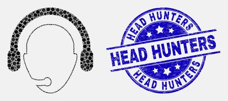 Pixel operator head mosaic icon and Head Hunters stamp. Blue vector rounded grunge seal stamp with Head Hunters phrase. Vector composition in flat style.のイラスト素材