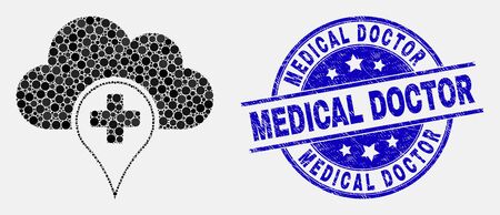 Dot medical cloud mosaic icon and Medical Doctor seal stamp. Blue vector rounded textured watermark with Medical Doctor message. Vector collage in flat style.のイラスト素材