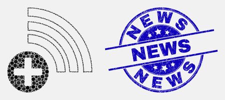 Dot medical source mosaic pictogram and News stamp. Blue vector round distress seal with News phrase. Vector collage in flat style. Black isolated medical source mosaic of randomized dots,のイラスト素材