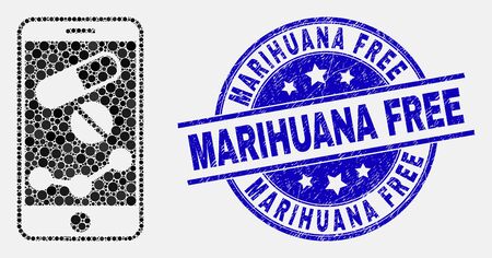 Pixel mobile pharmacy chart mosaic pictogram and Marihuana Free seal stamp. Blue vector rounded grunge seal stamp with Marihuana Free text. Vector collage in flat style.のイラスト素材