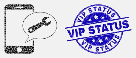Dotted mobile service message mosaic pictogram and Vip Status seal stamp. Blue vector round textured stamp with Vip Status caption. Vector combination in flat style.のイラスト素材