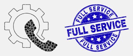 Dotted phone receiver gear mosaic icon and Full Service seal. Blue vector round distress seal stamp with Full Service text. Vector combination in flat style.のイラスト素材
