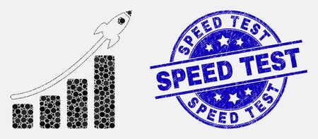 Dotted rocket bar chart mosaic icon and Speed Test stamp. Blue vector rounded grunge seal stamp with Speed Test caption. Vector collage in flat style.のイラスト素材