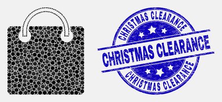 Dot shopping bag mosaic pictogram and Christmas Clearance stamp. Blue vector rounded distress seal stamp with Christmas Clearance caption. Vector combination in flat style.のイラスト素材