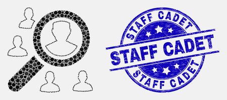 Dot search users mosaic icon and Staff Cadet seal stamp. Blue vector rounded grunge seal stamp with Staff Cadet message. Vector combination in flat style.のイラスト素材