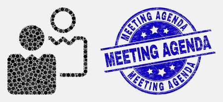 Pixel users mosaic icon and Meeting Agenda seal. Blue vector round distress stamp with Meeting Agenda text. Vector collage in flat style. Black isolated users mosaic of scattered spheres,のイラスト素材