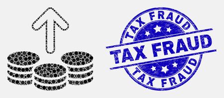 Dotted spend coins mosaic pictogram and Tax Fraud seal stamp. Blue vector rounded scratched seal stamp with Tax Fraud text. Vector collage in flat style.のイラスト素材