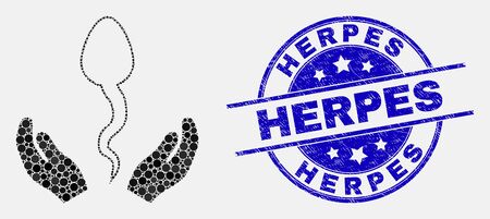 Pixelated sperm care hands mosaic icon and Herpes seal stamp. Blue vector rounded grunge seal stamp with Herpes message. Vector composition in flat style.のイラスト素材