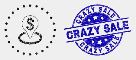 Pixel bank placement mosaic icon and Crazy Sale seal. Blue vector rounded grunge seal stamp with Crazy Sale title. Vector combination in flat style.のイラスト素材