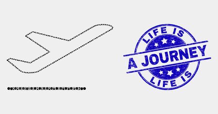 Pixel airplane departure mosaic icon and Life Is a Journey seal stamp. Blue vector round distress seal stamp with Life Is a Journey title. Vector composition in flat style.のイラスト素材