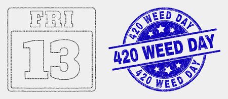 Dot 13 friday calendar page mosaic pictogram and 420 Weed Day seal stamp. Blue vector round distress seal stamp with 420 Weed Day phrase. Vector collage in flat style.のイラスト素材