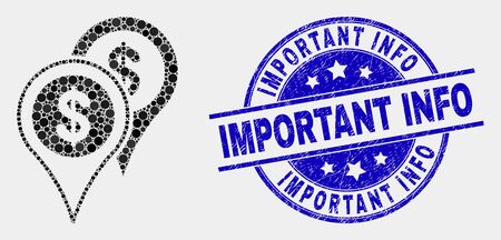 Dot bank map markers mosaic icon and Important Info seal stamp. Blue vector round distress stamp with Important Info title. Vector collage in flat style.のイラスト素材