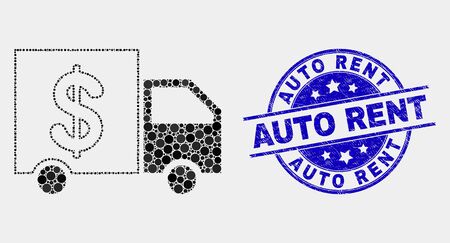 Dotted banking delivery mosaic icon and Auto Rent seal stamp. Blue vector round grunge seal stamp with Auto Rent caption. Vector composition in flat style.のイラスト素材