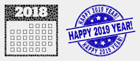 Pixel 2018 calendar page mosaic pictogram and Happy 2019 Year! seal stamp. Blue vector round scratched stamp with Happy 2019 Year! text. Vector collage in flat style.のイラスト素材