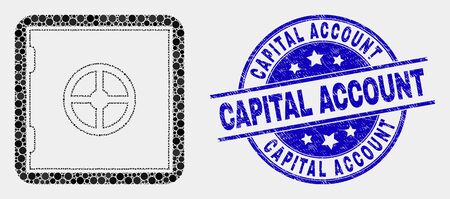 Dot banking safe mosaic pictogram and Capital Account stamp. Blue vector rounded grunge stamp with Capital Account text. Vector composition in flat style.のイラスト素材