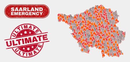 Vector composition of hazard Saarland Land map and red round scratched Ultimate seal stamp. Emergency Saarland Land map mosaic of fire, electric hazard icons.のイラスト素材