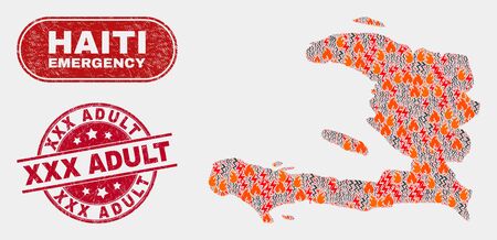 Vector composition of firestorm Haiti map and red rounded grunge XXX Adult seal. Emergency Haiti map mosaic of fire, energy shock items. Vector composition for emergency services,のイラスト素材