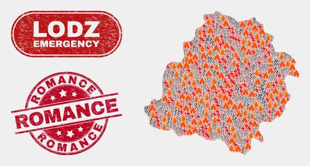 Vector composition of disaster Lodz Voivodeship map and red rounded grunge Romance seal stamp. Emergency Lodz Voivodeship map mosaic of wildfire, power shock elements.のイラスト素材