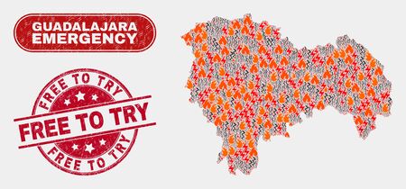 Vector collage of danger Guadalajara Province map and red round scratched Free to Try stamp. Emergency Guadalajara Province map mosaic of fire, electric strike items.のイラスト素材
