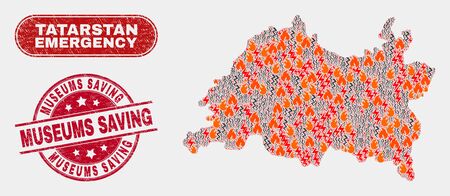 Vector composition of firestorm Tatarstan map and red round grunge Museums Saving seal. Emergency Tatarstan map mosaic of fire, energy flash items. Vector composition for emergency services,のイラスト素材