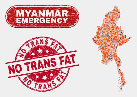 Vector composition of firestorm Myanmar map and red round grunge No Trans Fat stamp. Emergency Myanmar map mosaic of burning, power flash elements. Vector composition for emergency services,のイラスト素材