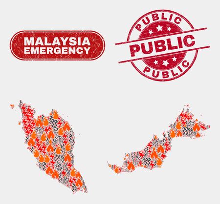 Vector composition of danger Malaysia map and red round distress Public seal stamp. Emergency Malaysia map mosaic of fire, power strike elements. Vector composition for fire protection services,のイラスト素材