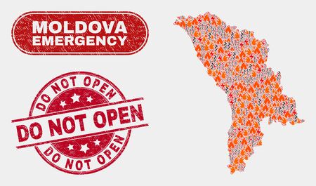 Vector composition of wildfire Moldova map and red round distress Do Not Open seal. Emergency Moldova map mosaic of wildfire, power lightning symbols. Vector composition for guard services,のイラスト素材