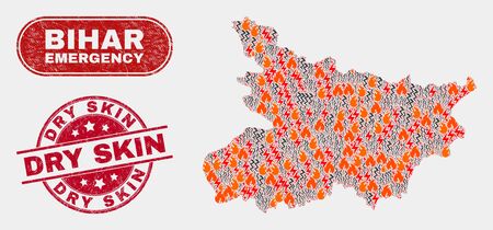 Vector collage of disaster Bihar State map and red rounded scratched Dry Skin stamp. Emergency Bihar State map mosaic of burning, power flash items. Vector collage for fire protection services,のイラスト素材