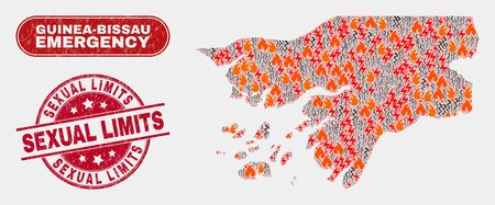 Vector collage of danger Guinea-Bissau map and red round textured Sexual Limits seal stamp. Emergency Guinea-Bissau map mosaic of wildfire, electric lightning icons.のイラスト素材
