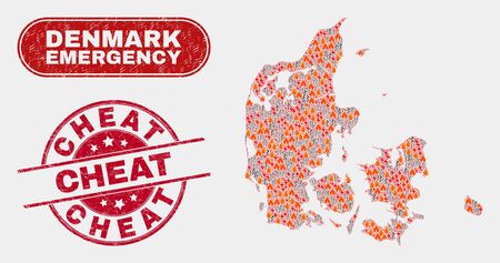 Vector collage of danger Denmark map and red rounded grunge Cheat watermark. Emergency Denmark map mosaic of wildfire, power flash icons. Vector collage for safety services, and Cheat watermark.のイラスト素材