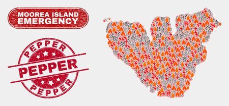 Vector composition of hazard Moorea Island map and red round scratched Pepper stamp. Emergency Moorea Island map mosaic of burning, energy shock elements. Vector composition for emergency services,のイラスト素材