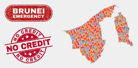 Vector composition of hazard Brunei map and red round scratched No Credit stamp. Emergency Brunei map mosaic of fire, energy shock elements. Vector composition for fire protection services,のイラスト素材