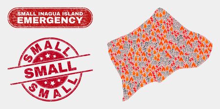 Vector composition of danger Small Inagua Island map and red rounded scratched Small seal stamp. Emergency Small Inagua Island map mosaic of flame, power strike symbols.のイラスト素材