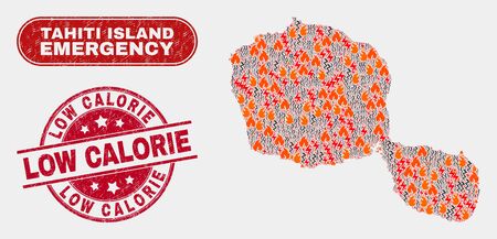 Vector collage of hazard Tahiti Island map and red round distress Low Calorie seal stamp. Emergency Tahiti Island map mosaic of flame, power shock elements. Vector composition for emergency services,のイラスト素材
