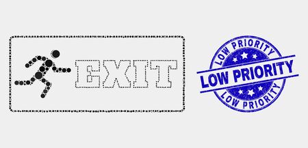 Pixelated emergency exit mosaic icon and Low Priority watermark. Blue vector rounded textured watermark with Low Priority text. Vector combination in flat style.のイラスト素材