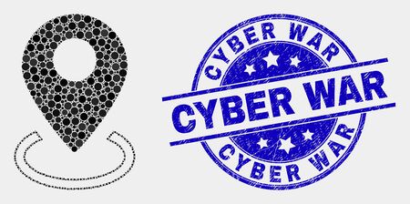 Dotted map marker placement mosaic icon and Cyber War stamp. Blue vector round textured seal stamp with Cyber War phrase. Vector collage in flat style.のイラスト素材