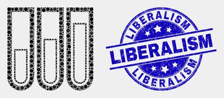 Pixelated test-tubes mosaic pictogram and Liberalism seal stamp. Blue vector rounded textured seal stamp with Liberalism text. Vector collage in flat style.のイラスト素材
