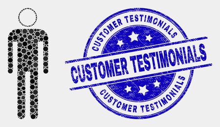 Pixel man mosaic pictogram and Customer Testimonials seal stamp. Blue vector rounded textured seal with Customer Testimonials phrase. Vector composition in flat style.のイラスト素材